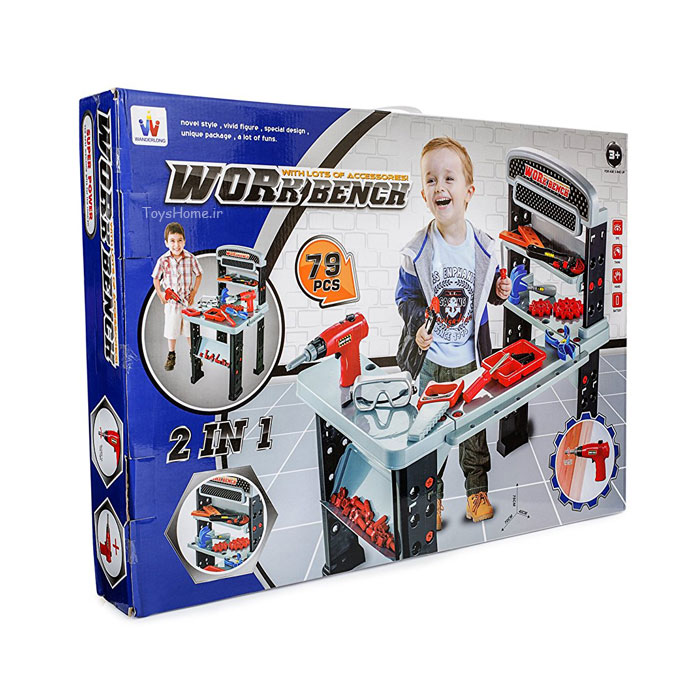 نیمکت کار با بسیاری از لوازم جانبی اسباب بازی